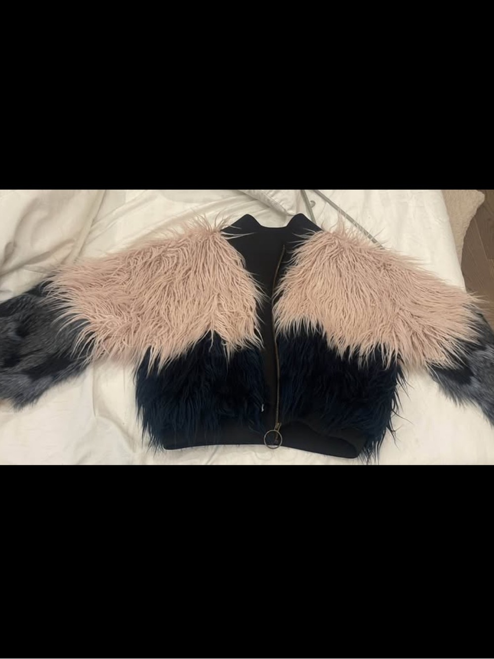 Faux Fur Colorblock Bomber Jacket - Pink & Black